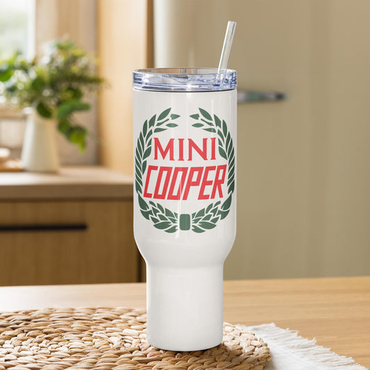 Old Mini Cooper Emblem Travel mug with a handle