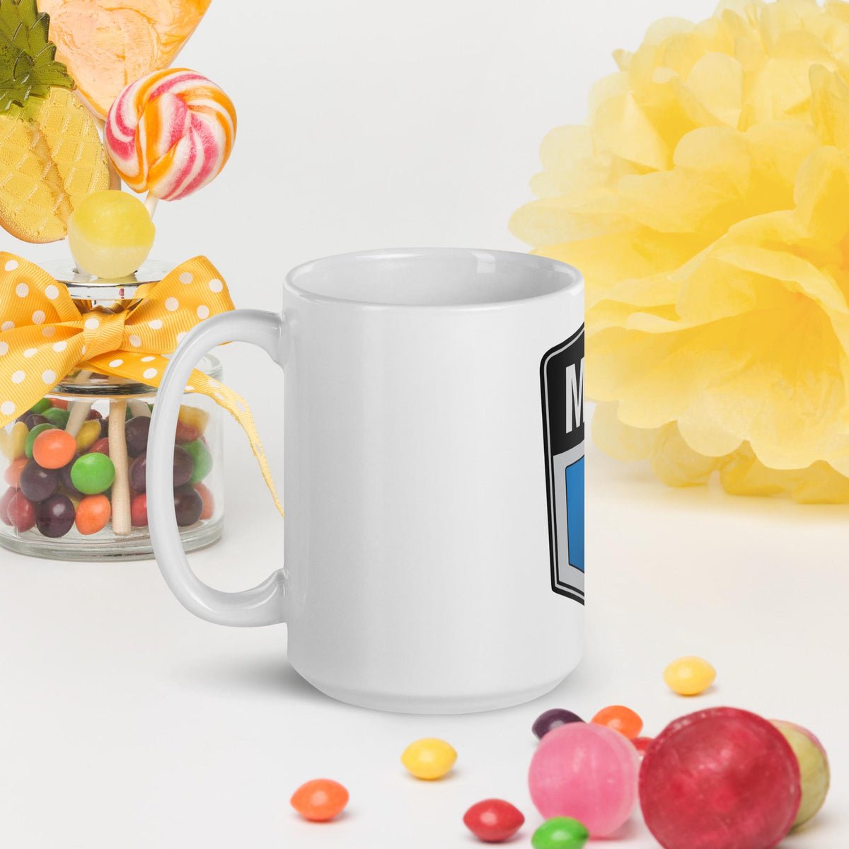 Old Mini Cooper Blue Logo White Glossy Mug