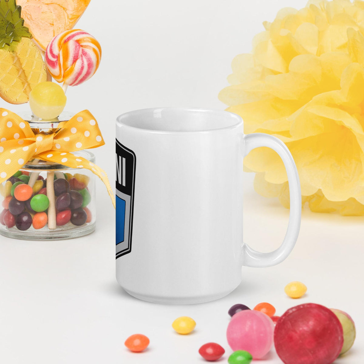 Old Mini Cooper Blue Logo White Glossy Mug