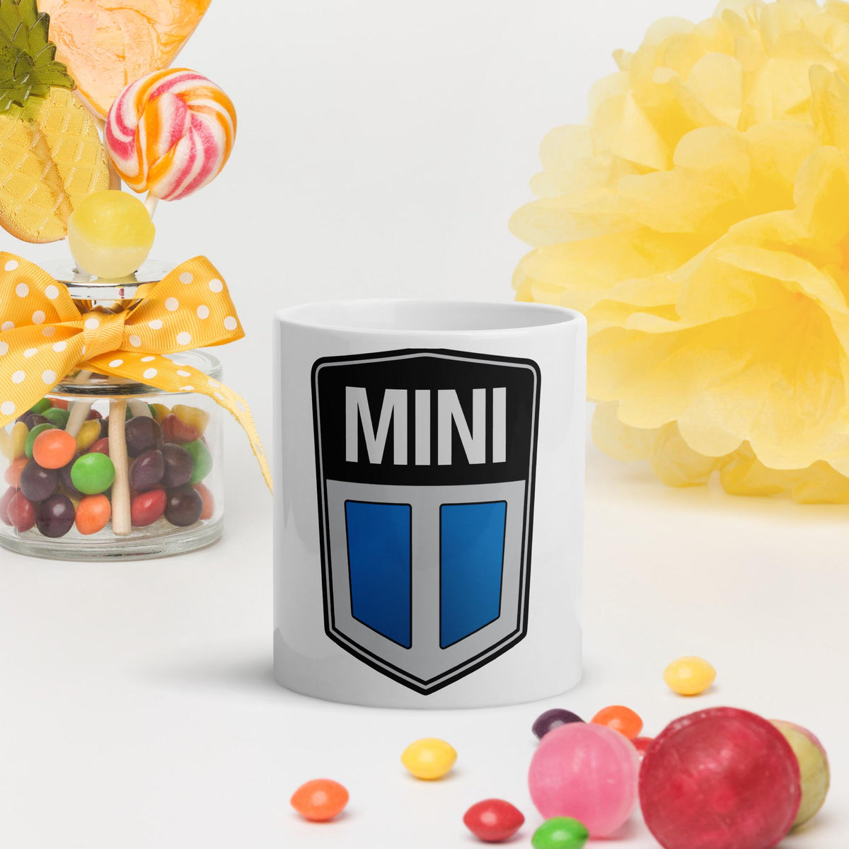 Old Mini Cooper Blue Logo White Glossy Mug