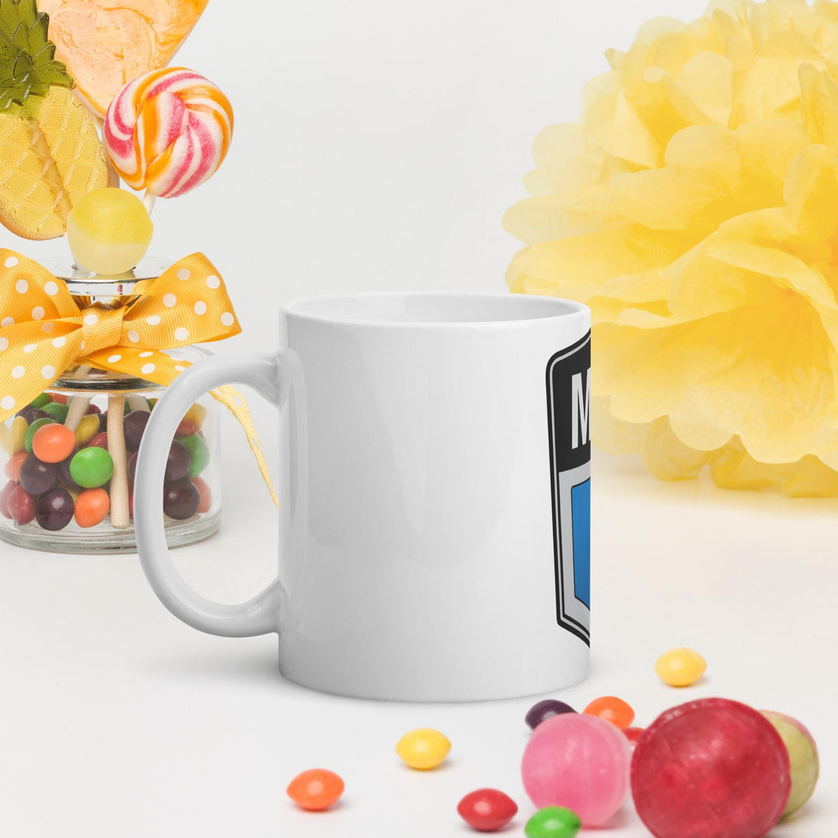 Old Mini Cooper Blue Logo White Glossy Mug