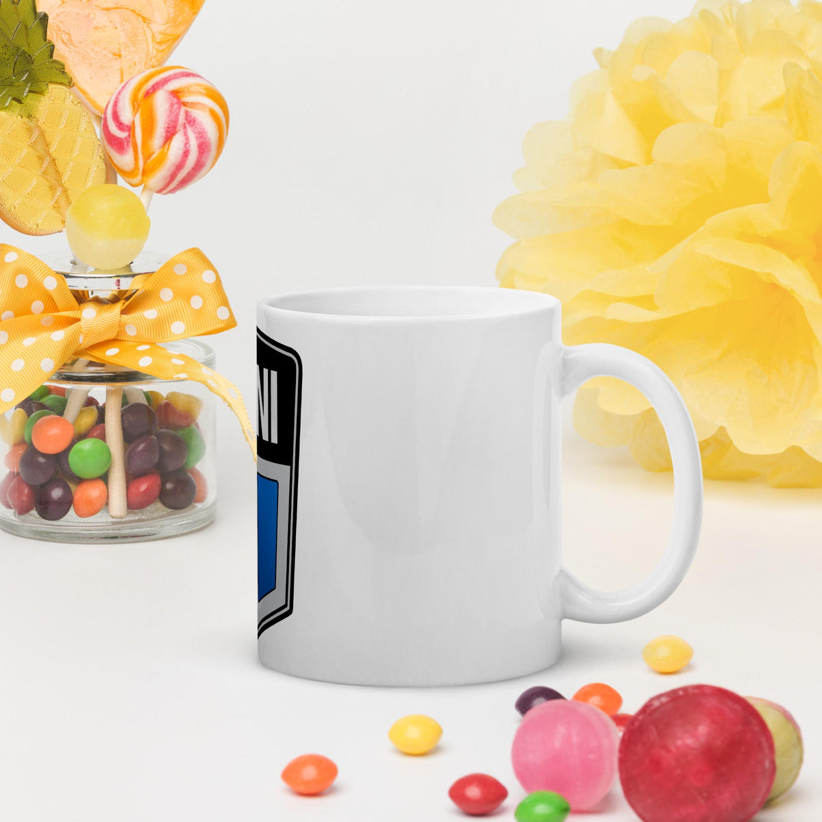 Old Mini Cooper Blue Logo White Glossy Mug