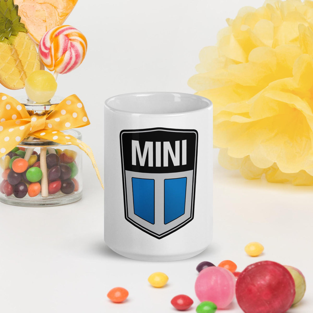 Old Mini Cooper Blue Logo White Glossy Mug